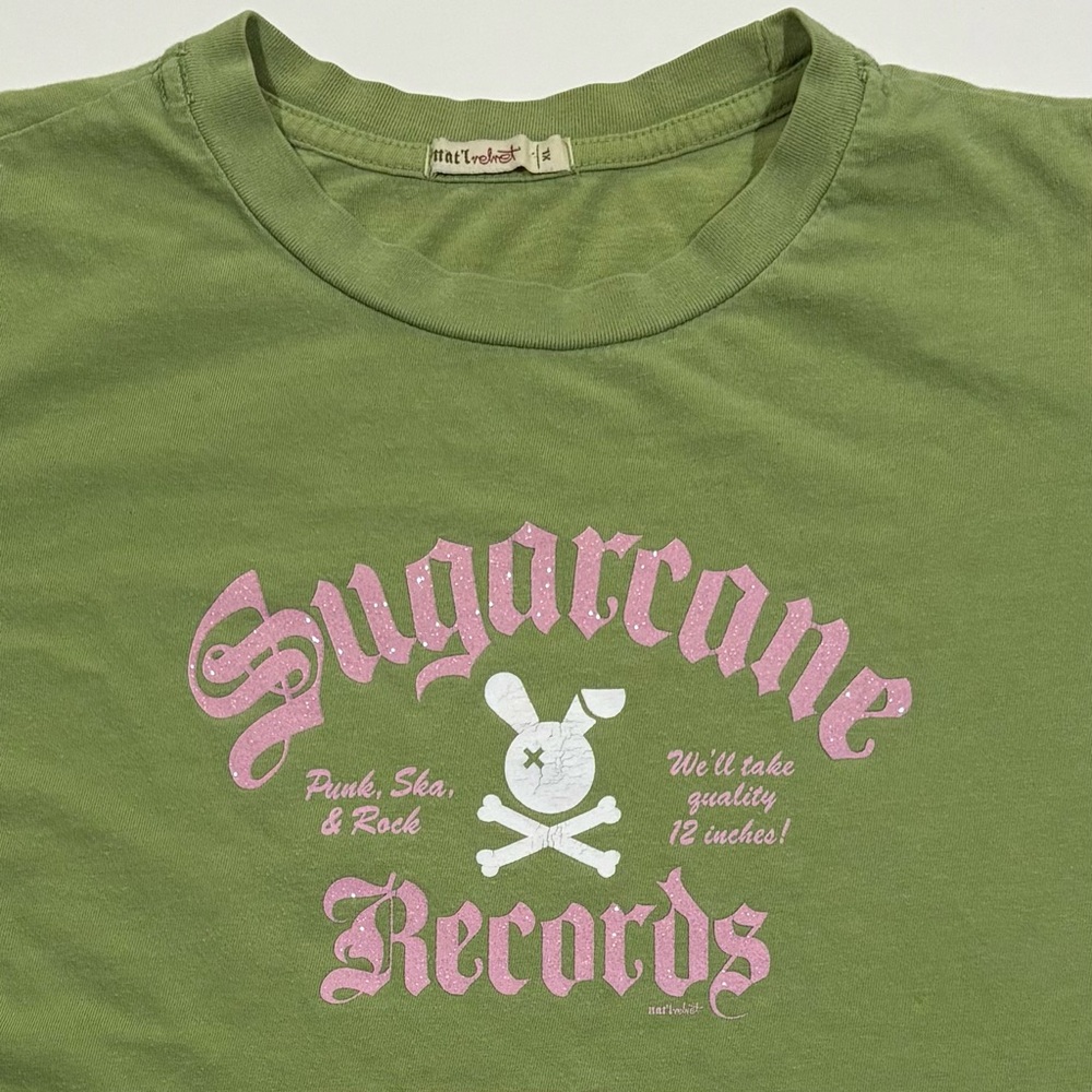 🐰🤍 Y2K Bunny Graphic Tee Sparkly Pink & Olive, Sugarcane Records, Sz XL Punk - Picture 1 of 11